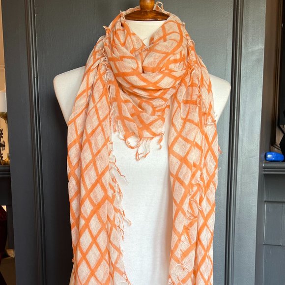 New Auth Chan Luu Windowpane Print Cashmere Silk Scarf Color: Melon Oran…